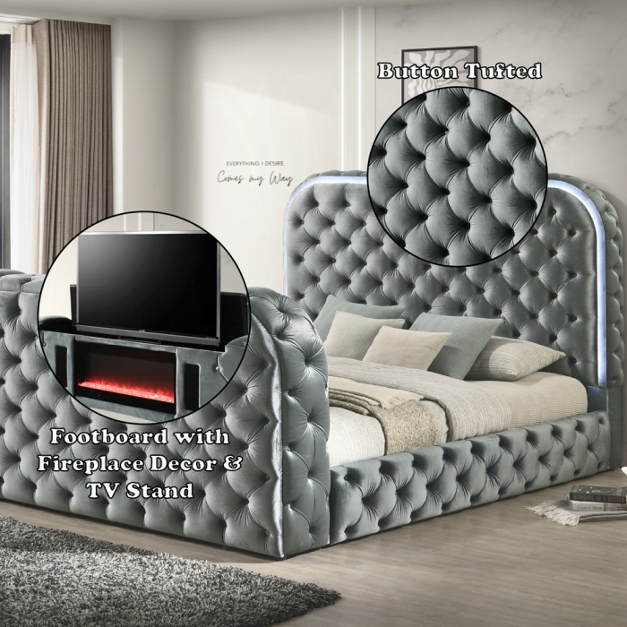 Kana Eastern King Bed w/LED, Fireplace & TV Stand