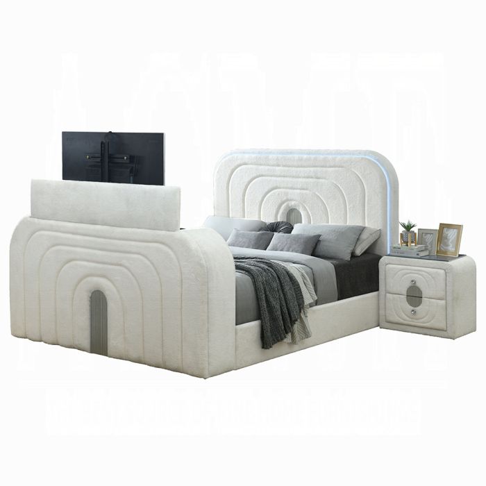 Shelyn EK Bed w/LED, TV Cabinet, Fireplace & Bluetooth