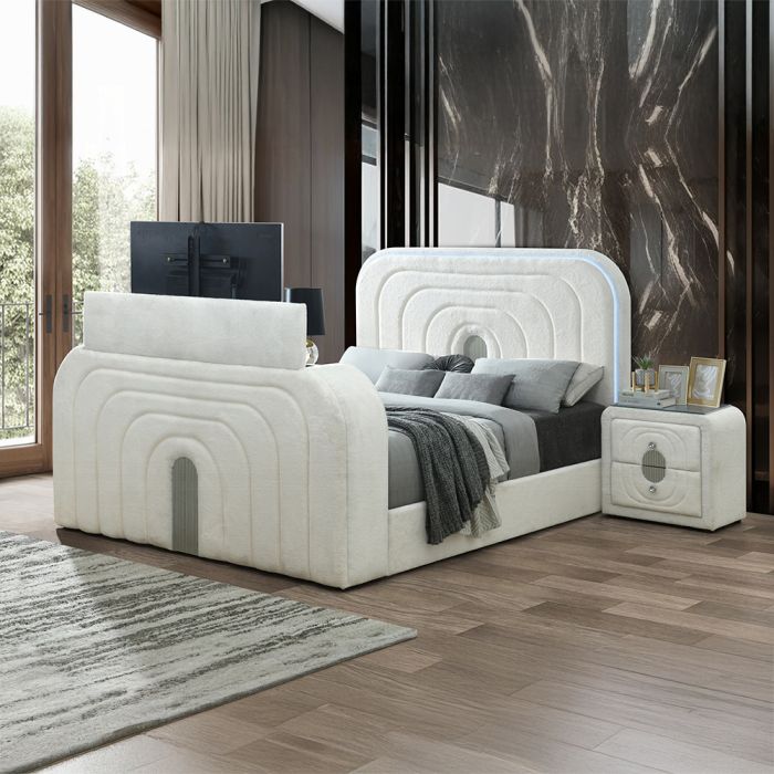 Shelyn EK Bed w/LED, TV Cabinet, Fireplace & Bluetooth