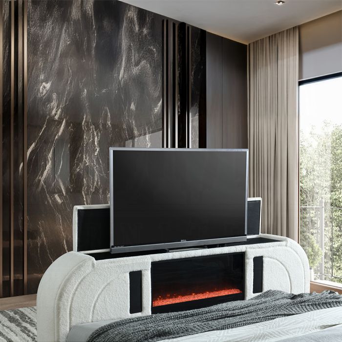 Shelyn Queen Bed w/LED, TV Cabinet, Fireplace & Bluetooth