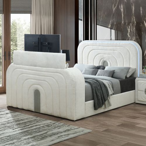 Shelyn EK Bed w/LED, TV Cabinet, Fireplace & Bluetooth
